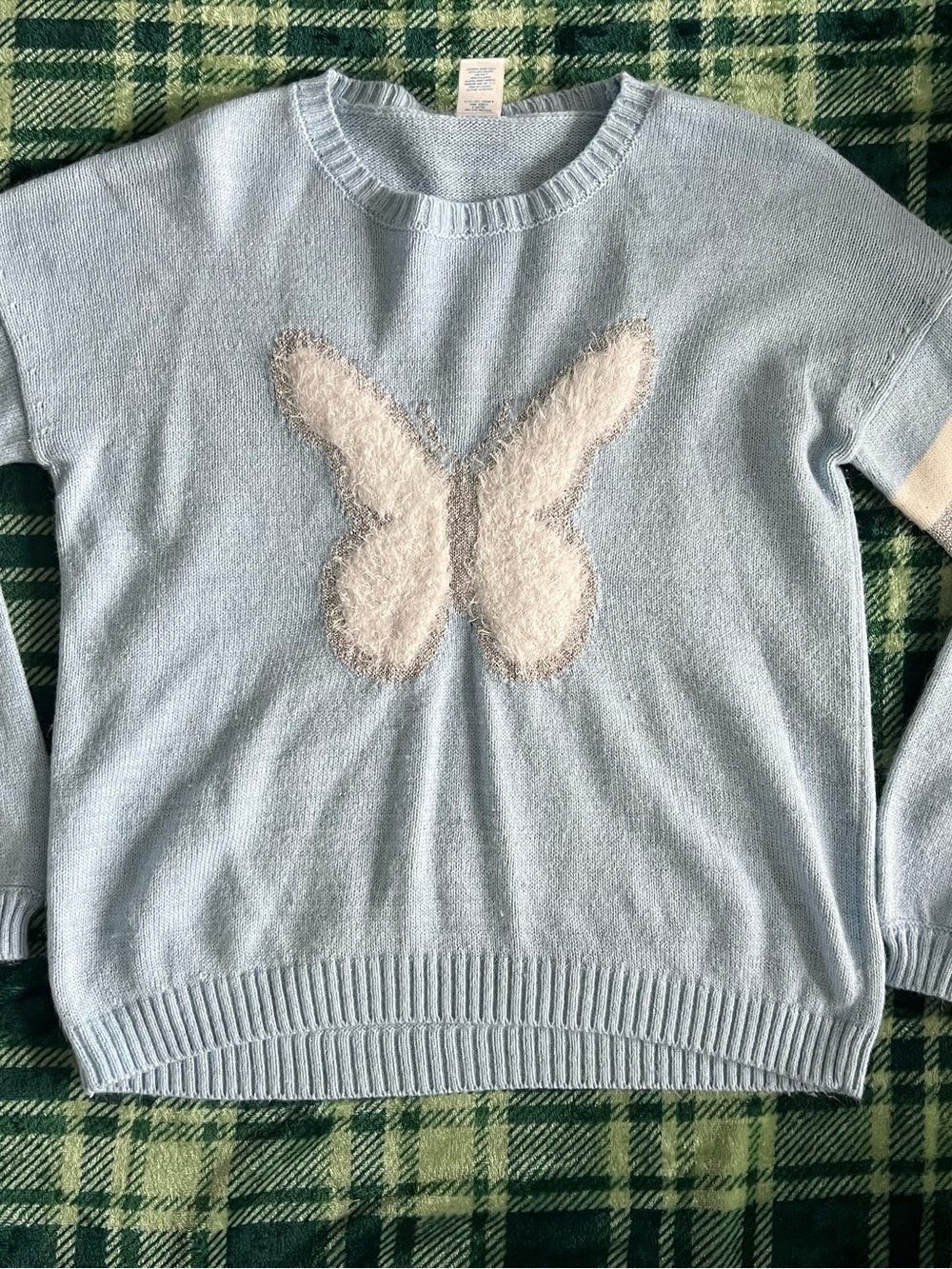 Arizona Jean Company Light Blue Sweater with Fuzzy White Butterfly